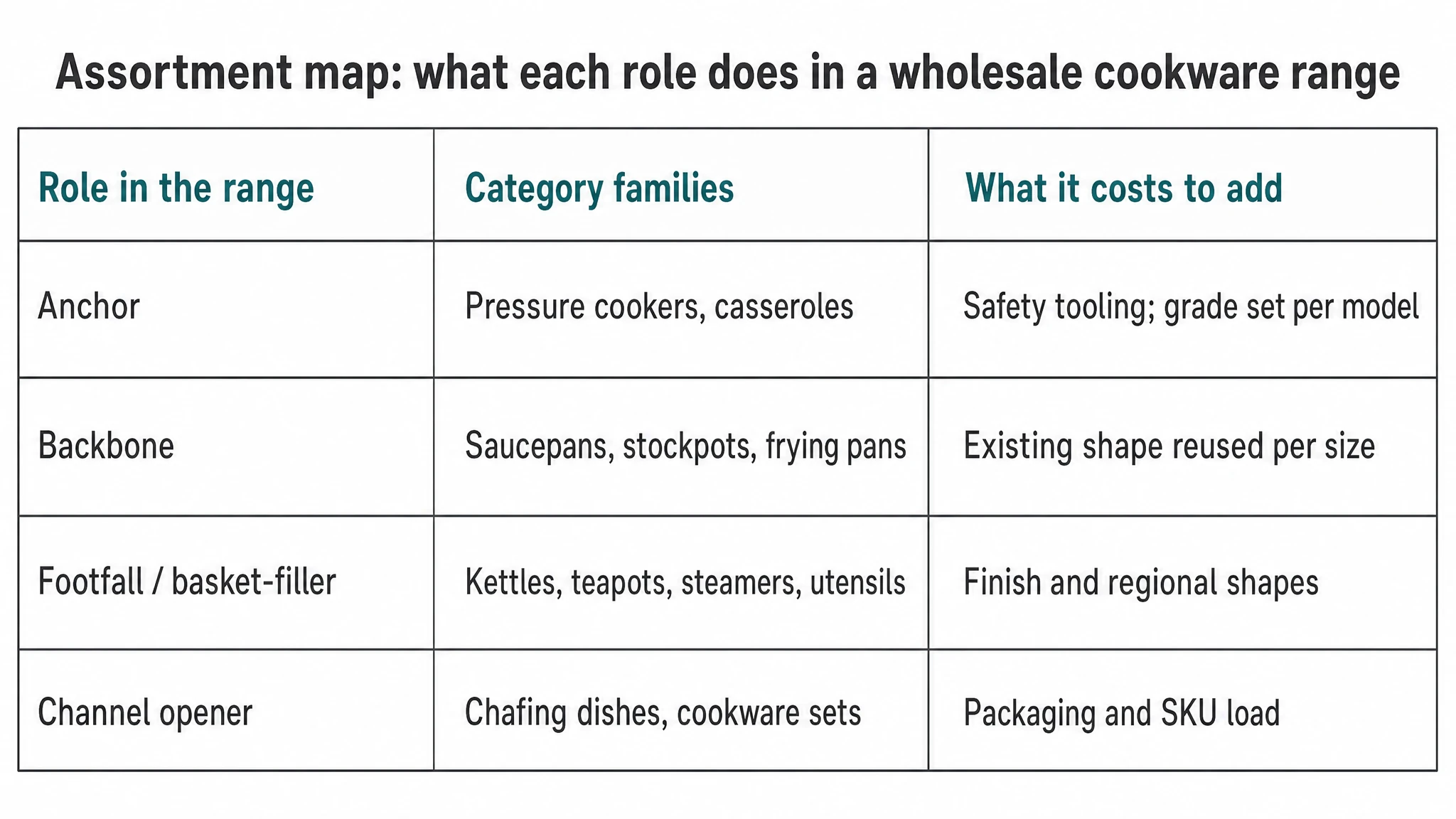 Illustrative render — a three-column assortment map listing each role in a wholesale cookware range, the category families that fill it, and what adding them costs in tooling, packaging and SKU load