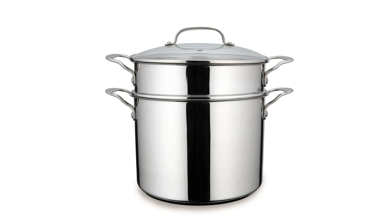 A stainless steel steamer with a composite bottom and tempered glass lid, on a plain white background