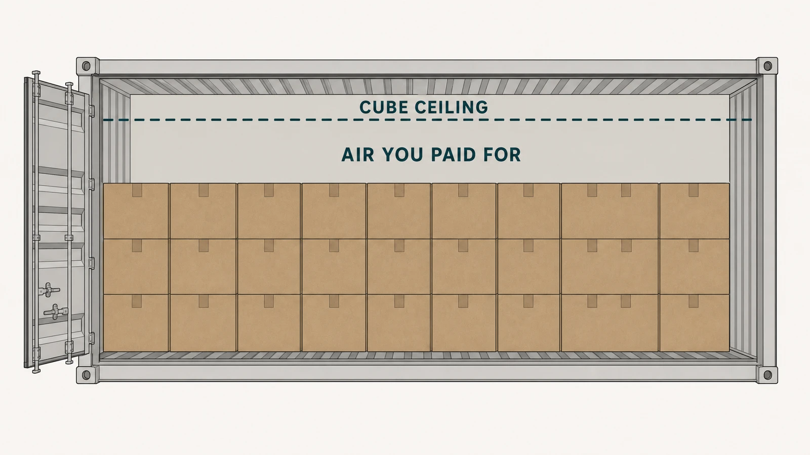 Illustrative render of a container cross-section: carton stack below a dashed cube ceiling line, with the gap above labelled as air you paid for