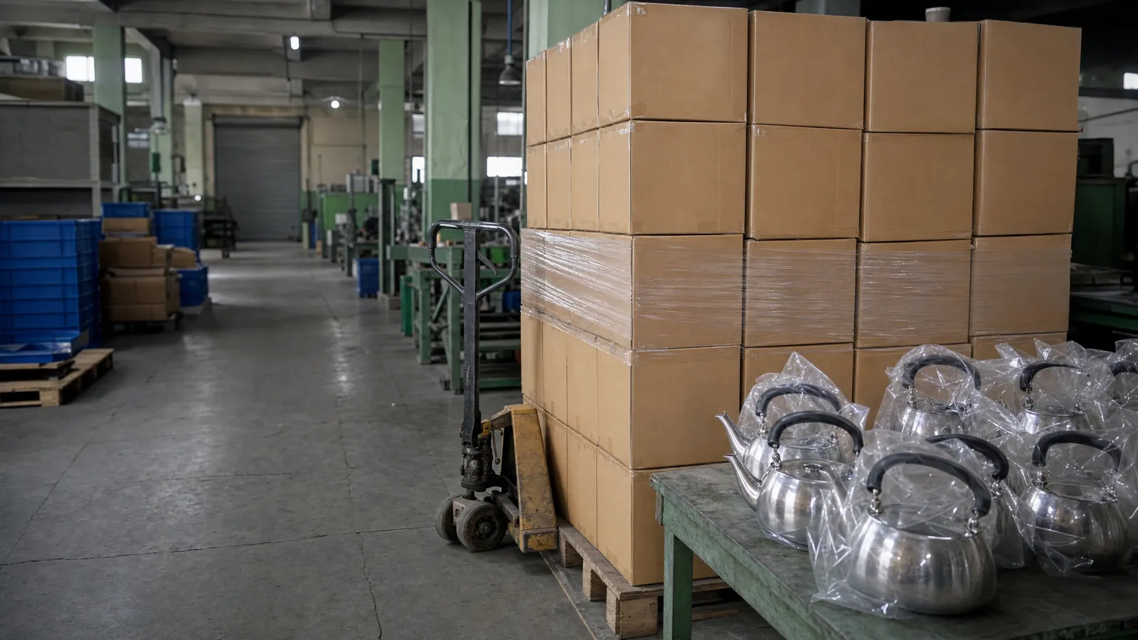 Illustrative render of shrink-wrapped export cartons stacked on a pallet beside bagged stainless steel kettles in a packing bay