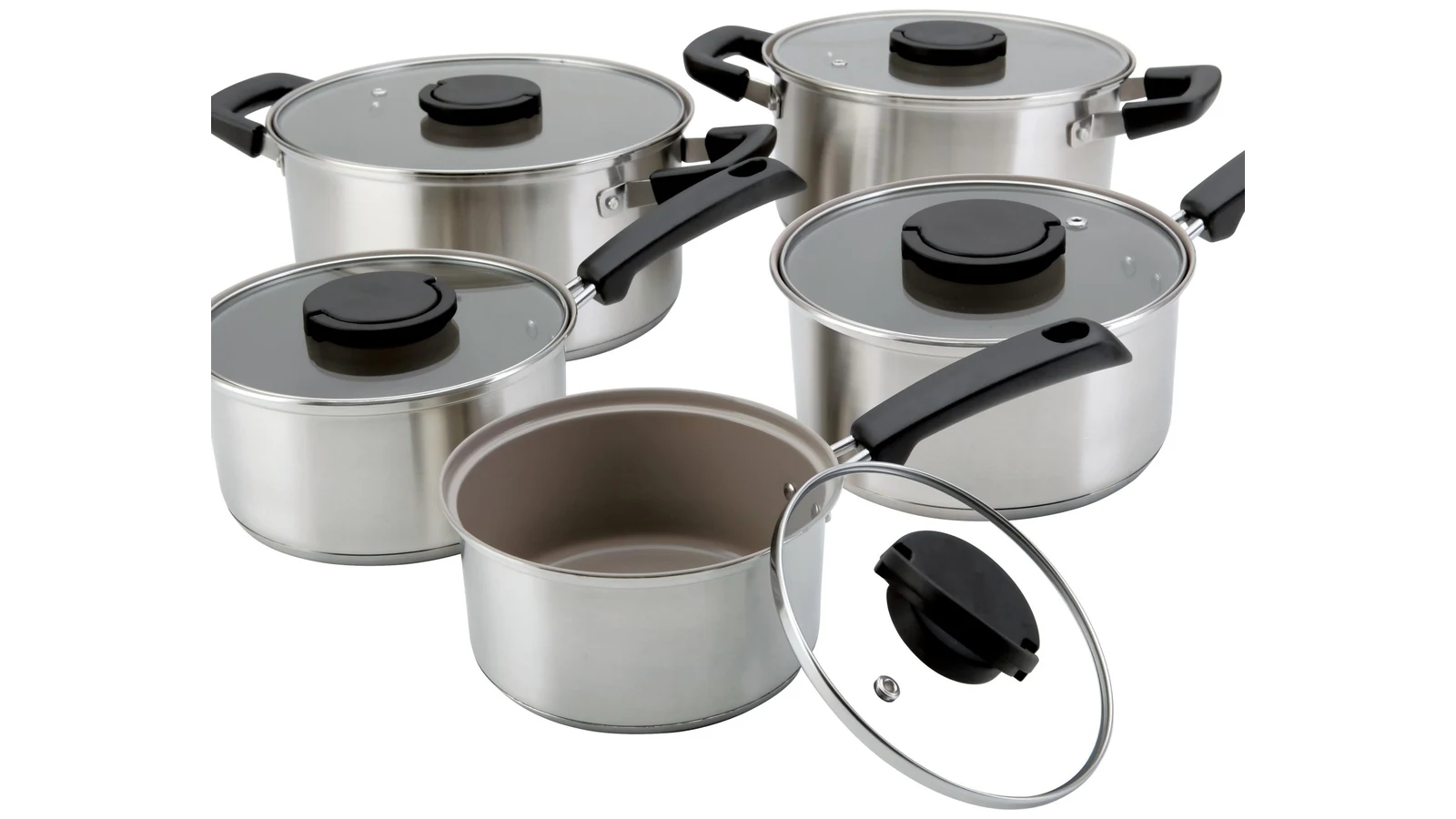 A five-piece stainless steel cookware set with tempered glass lids, shot on a plain white studio background