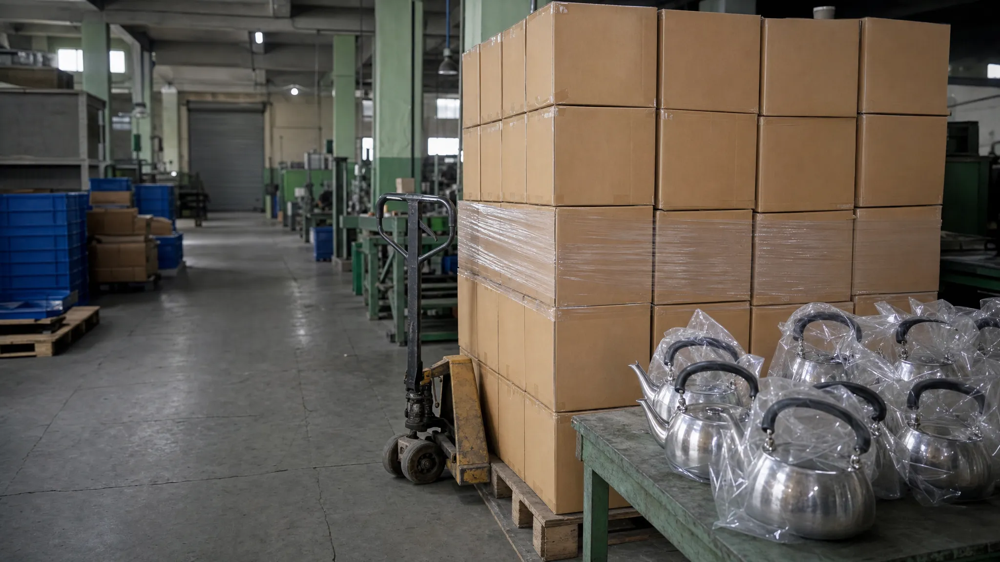 Illustrative render of shrink-wrapped export cartons stacked on a pallet beside a pallet jack in a packing bay