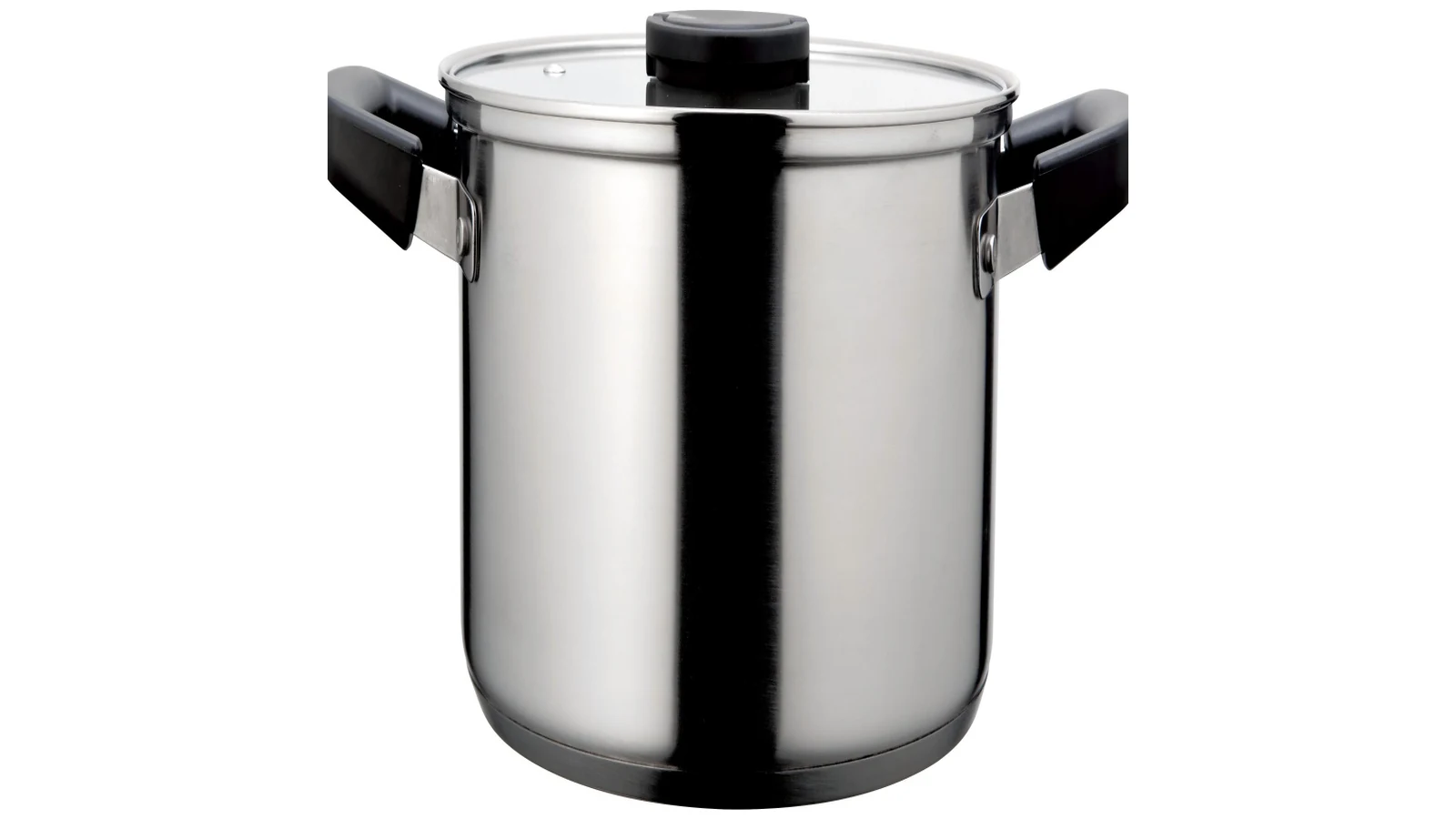 A tall stainless steel casserole with a vented tempered glass lid and black side handles, on a white studio background