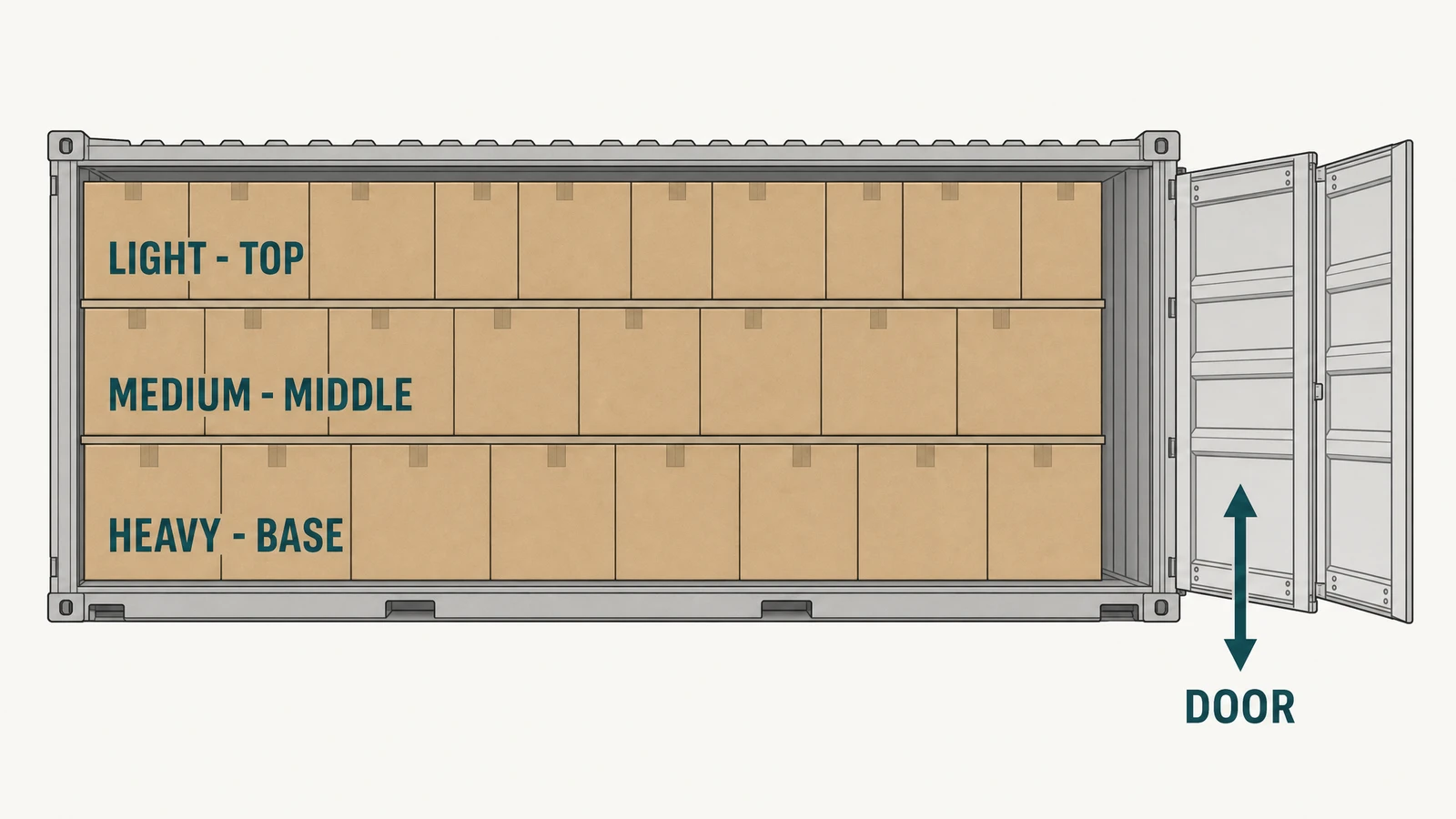 Illustrative render of a container loading plan in three layers: heavy cartons at the base, medium in the middle, light at the top, with the door marked