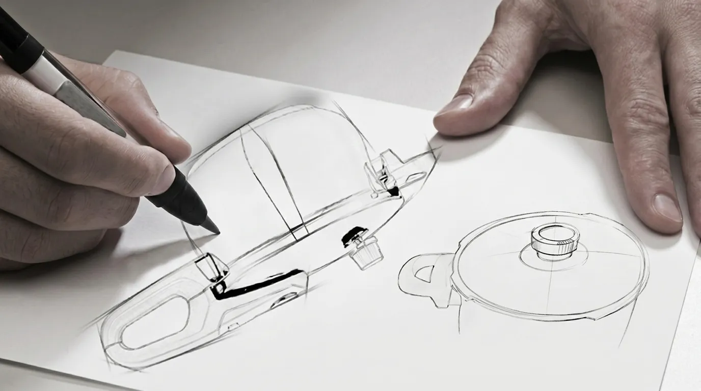 Hand-drawn pencil design sketch of a pressure cooker, showing the side view with lid valve and handle plus a top view of the lid