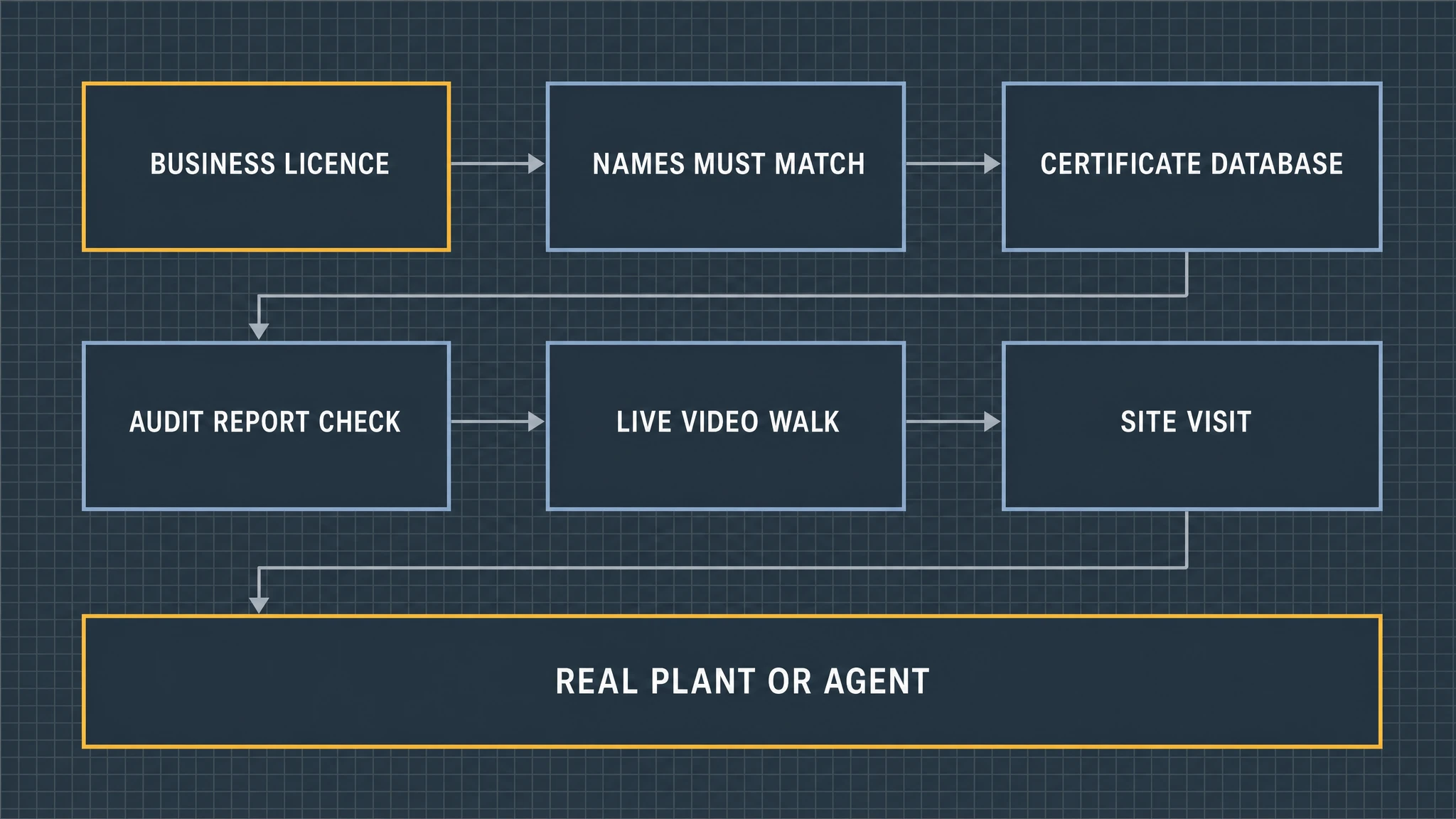Illustrative render of a six-step supplier identity verification workflow ending in a real-plant-or-agent decision