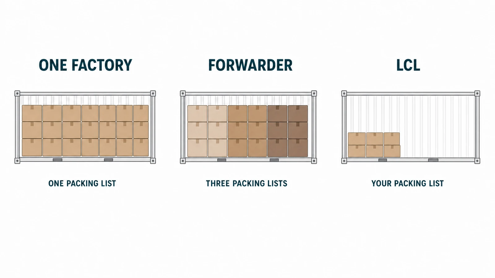 Illustrative render comparing three load structures: one factory shipping under a single packing list, a forwarder consolidation covering three, and an LCL booking where the buyer owns the list
